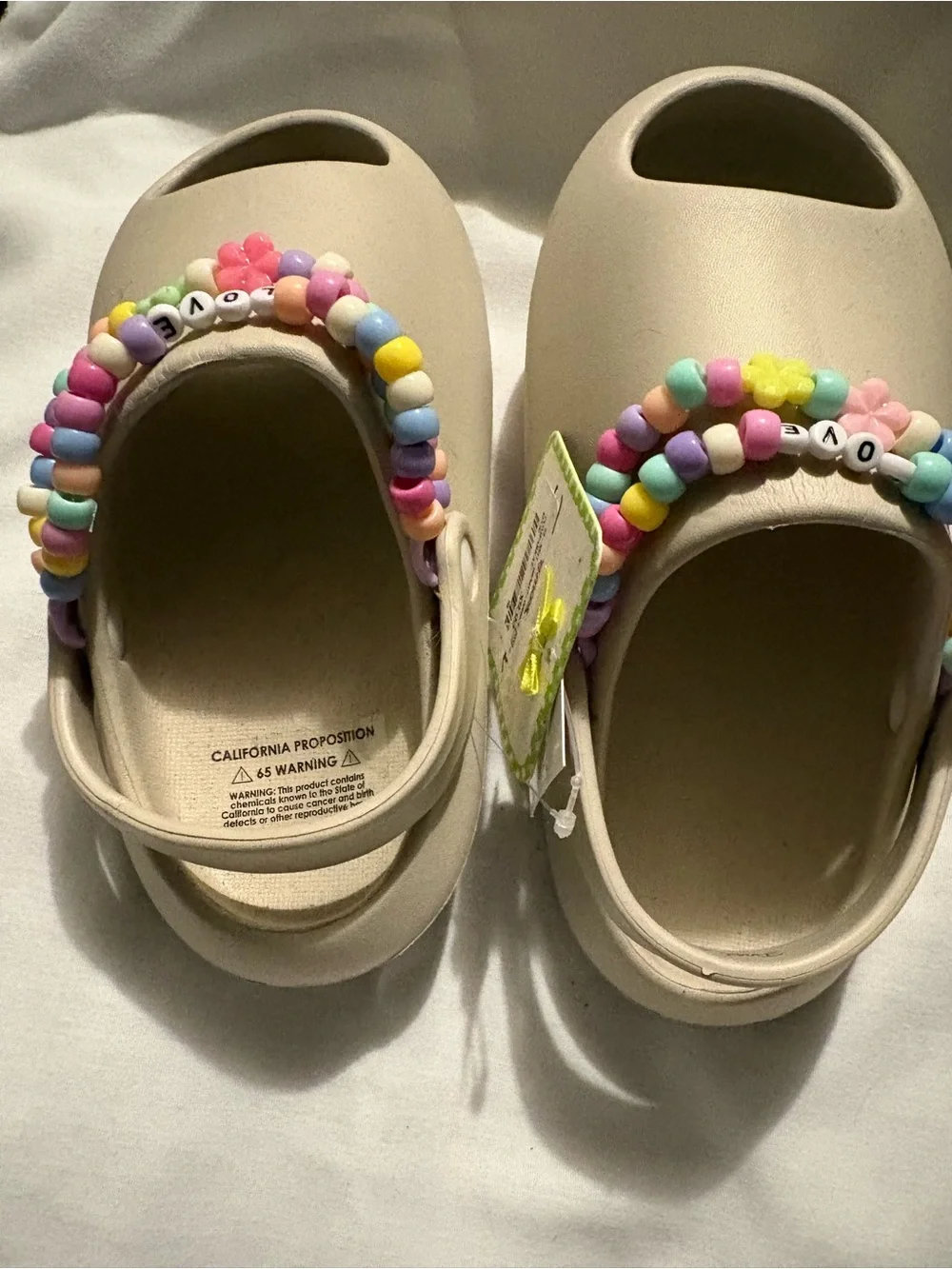 Kids Beige Clog Sandals with Colorful Bead Straps - LOVE Detail